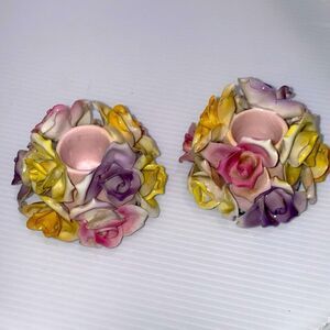 Vintage Japan Rose Ceramic Candlestick Holders Set Of 2 Multi Color Roses